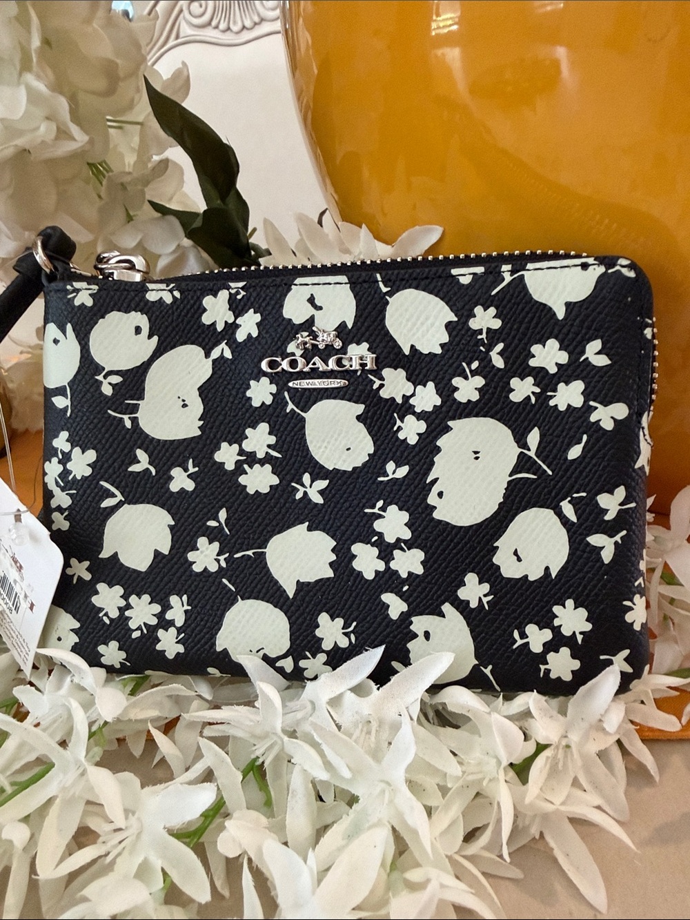 Coach Black Floral Zip Around Wristlet with Cream Print